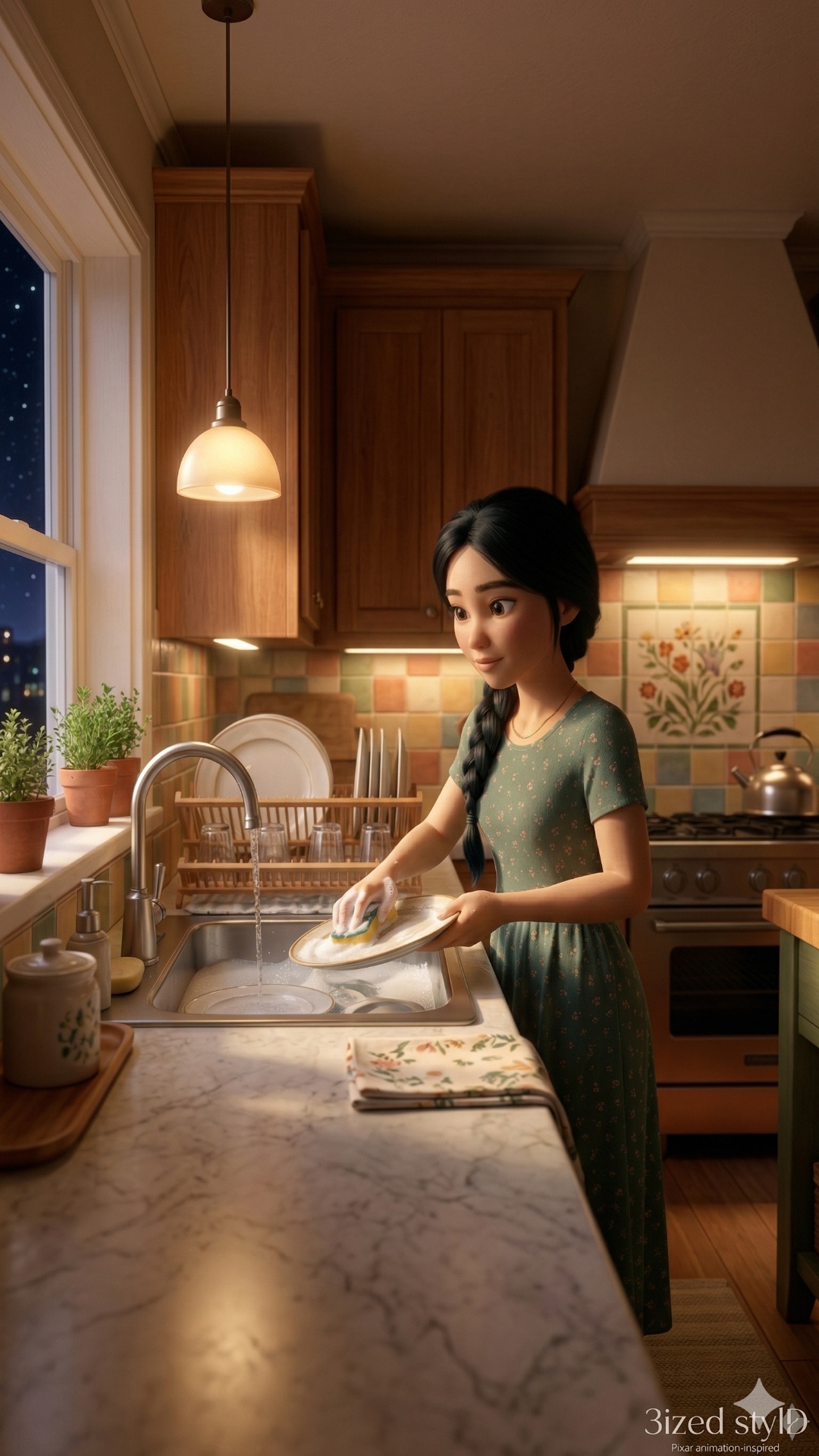 Create a high-quality 3D Pixar-inspired animated video of a young woman washing dishes in a cozy ...