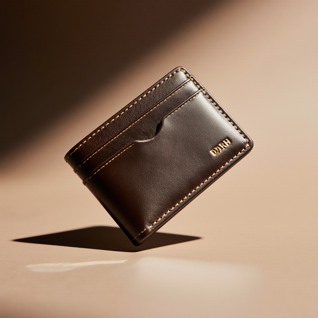 Cinematic product video of a luxury leather card holder. The accessory is presented alone in the ...