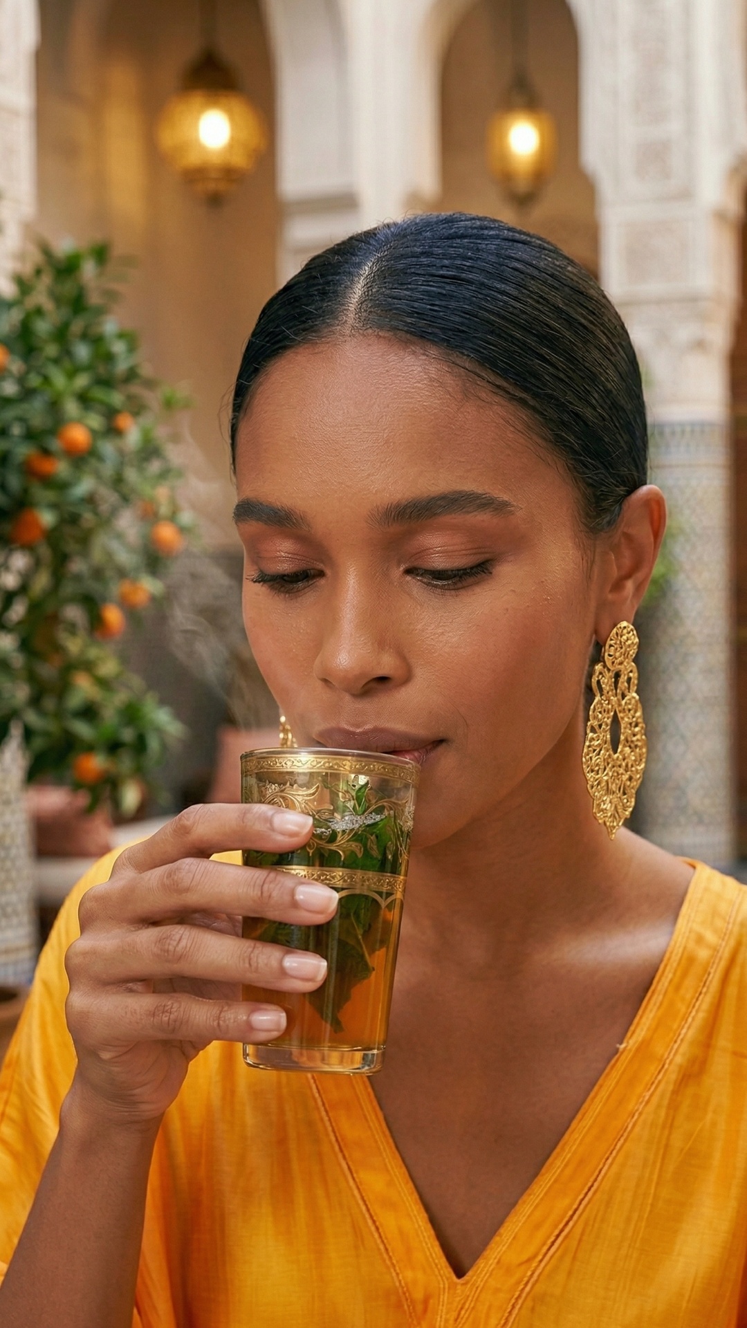 model drinks tea and enjoys