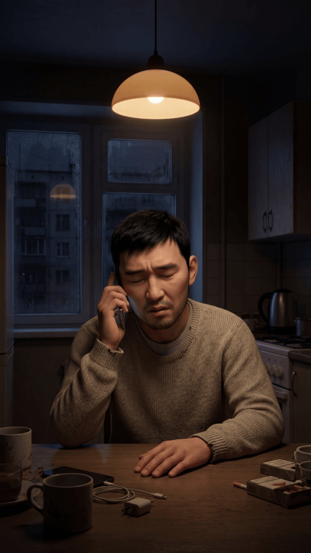 Pixar 3D animation style, cinematic 4K.
Moscow apartment kitchen, late night.
Dark kitchen, warm ...