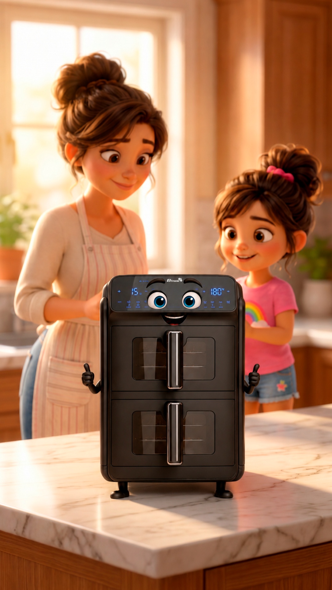 Mother and daughter look toward the air fryer and smile. The air fryer remains completely static....