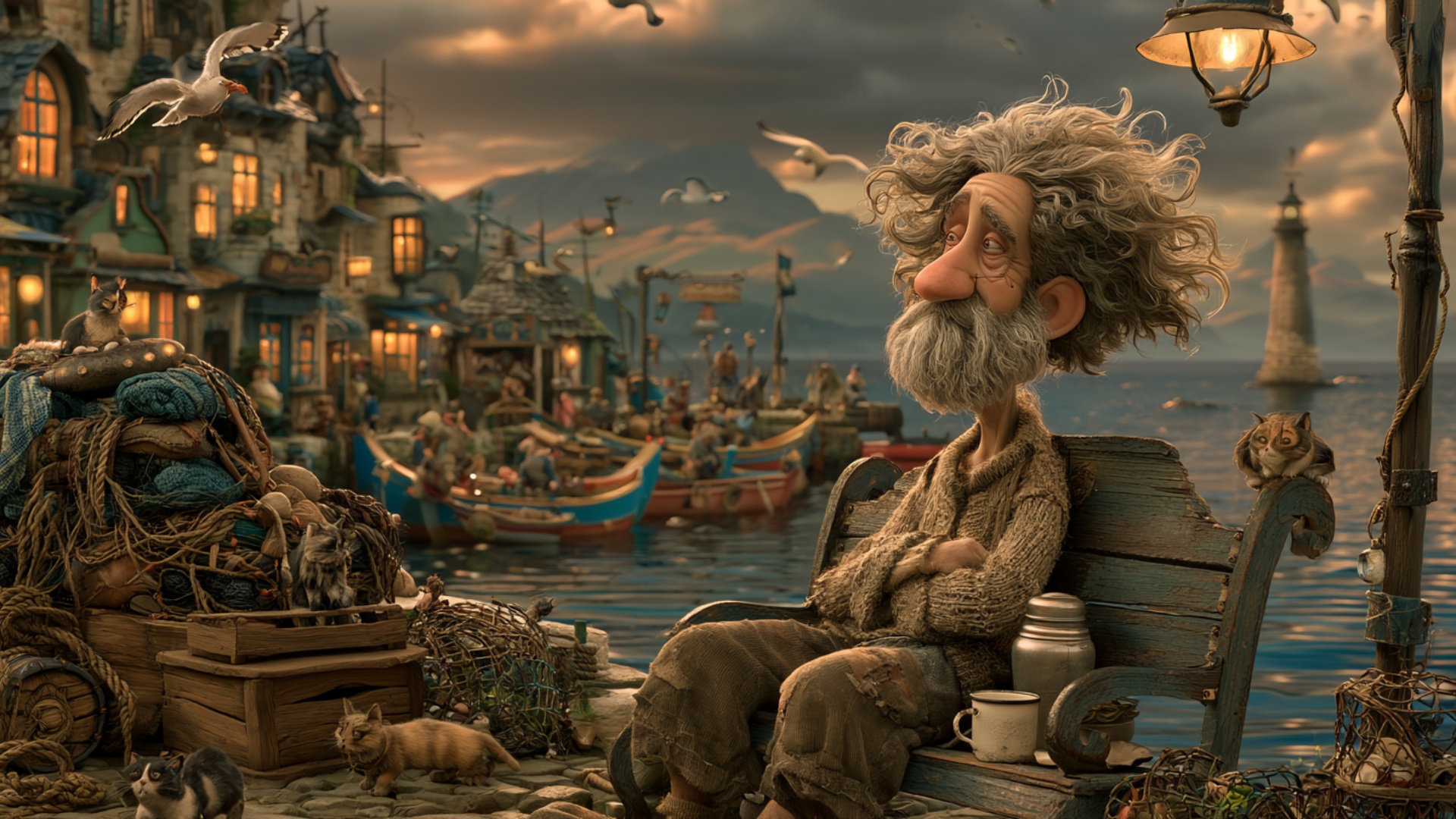 The elderly fisherman remains seated on the wooden bench with his arms folded comfortably, watchi...