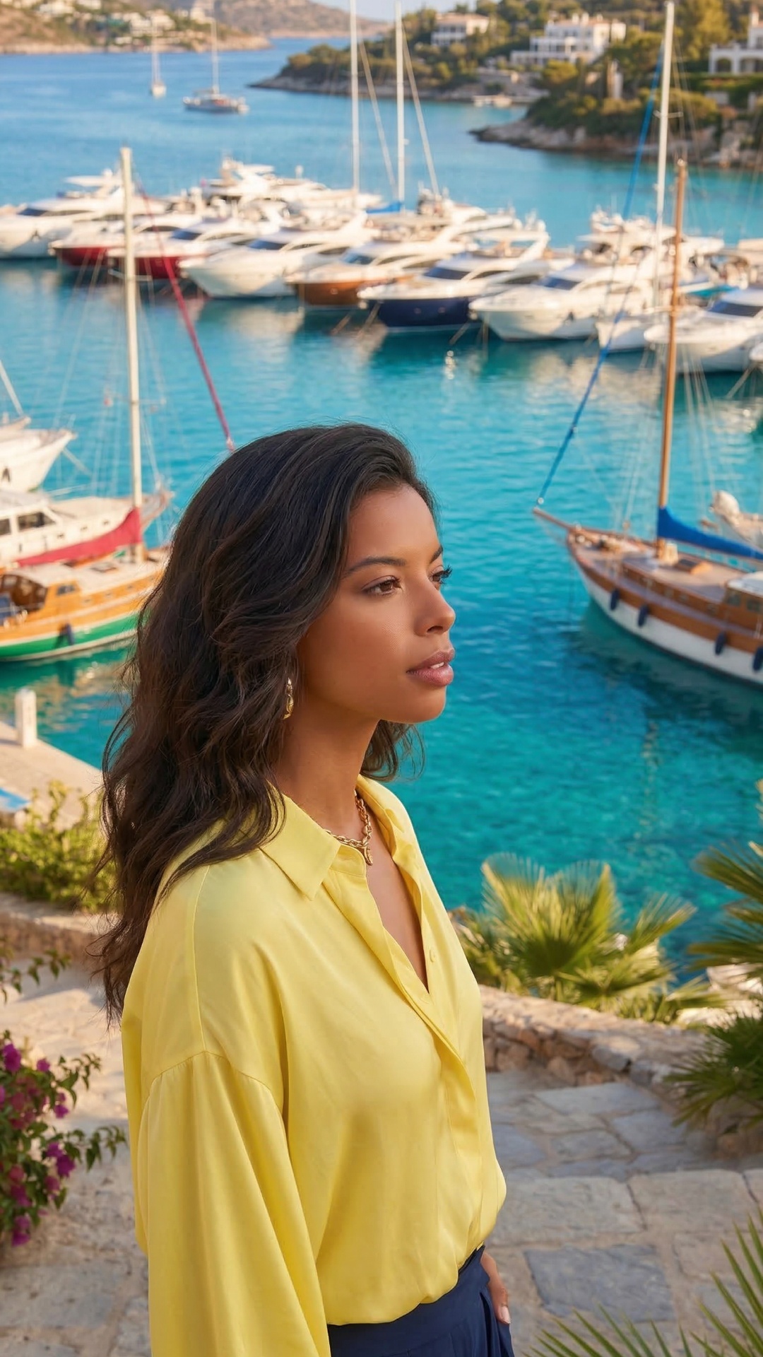 She walks along the marina promenade, looking at the boats, then playfully steps onto one of the ...