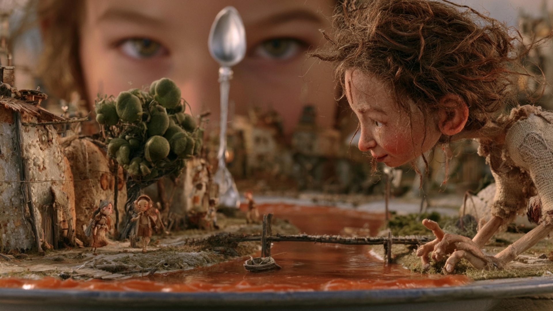 Start exactly from the provided image. Keep the miniature food city and all characters exactly as...