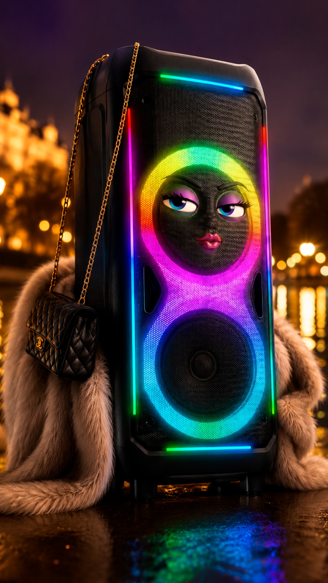 The tall black speaker now stands confidently near the river at night wearing a luxurious fur coa...