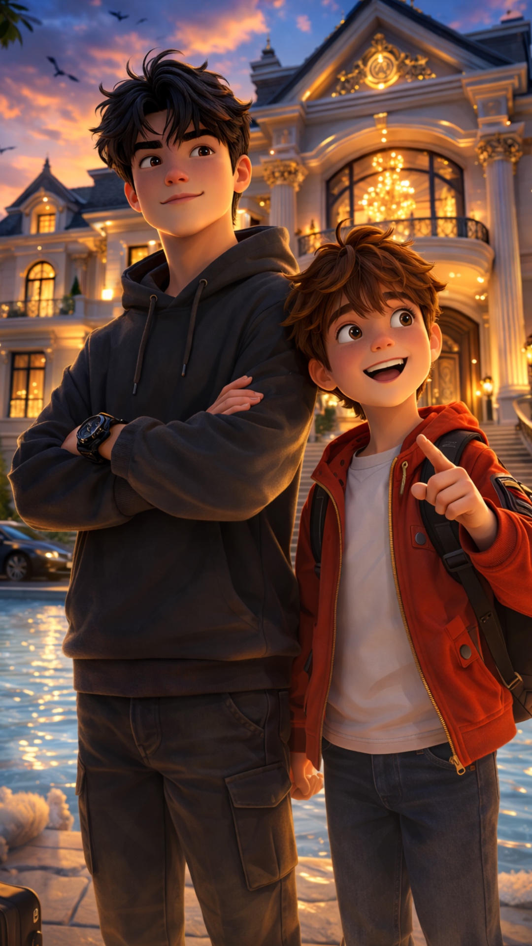 Two brothers stand in front of a huge luxury mansion at sunset.  
The younger brother points exci...