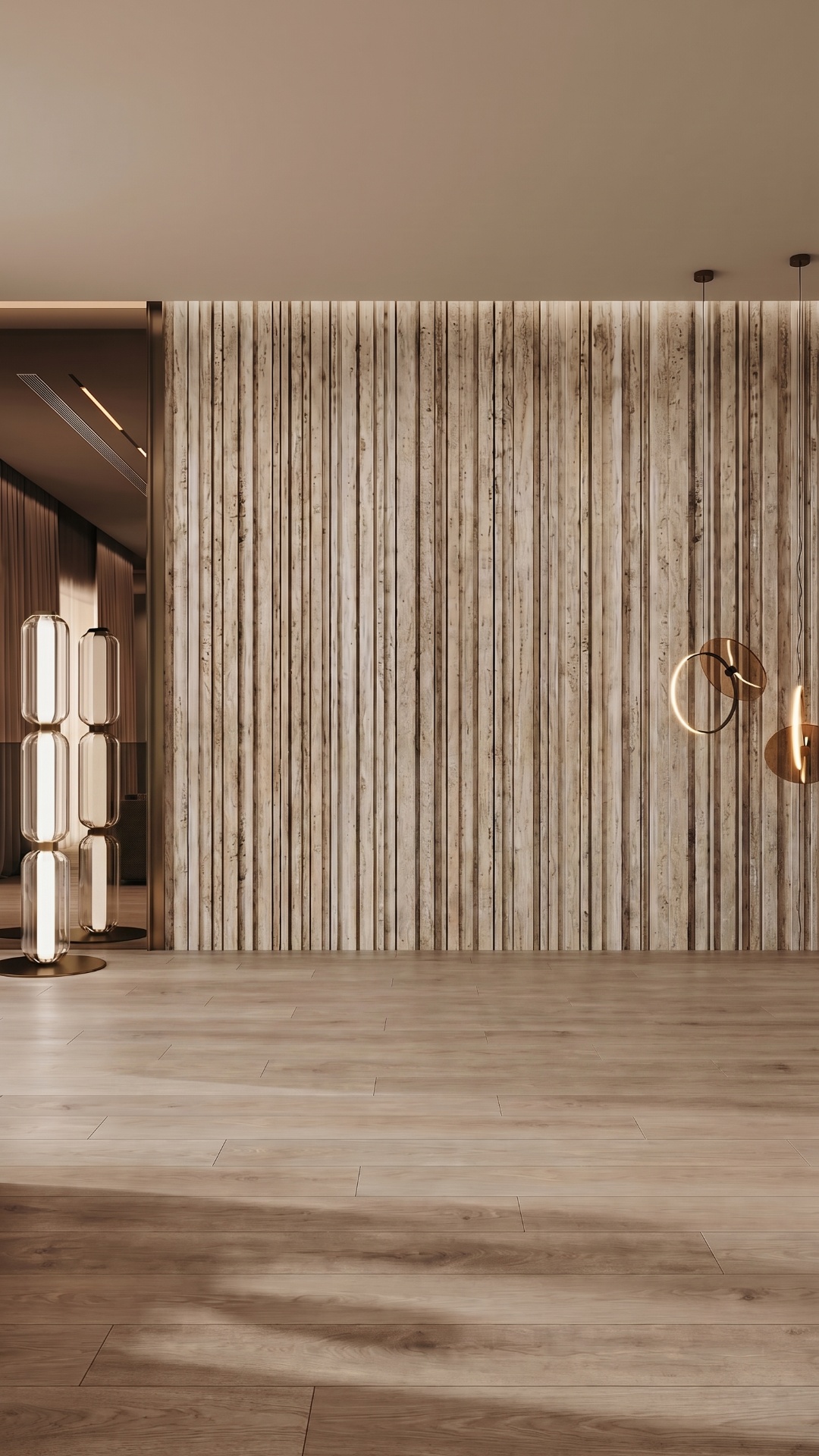 A static frontal camera in a luxury modern bedroom. The empty room remains perfectly unchanged: v...