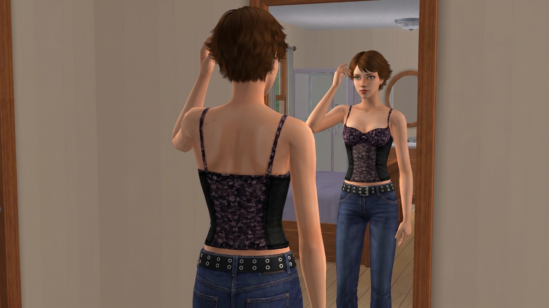 Движения персонажа и графика в стиле игры the sims 2. Персонаж прихорашивается перед зеркалом, за...