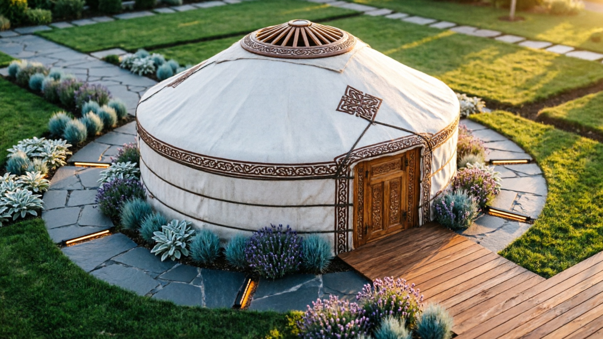 Cinematic luxury architectural tour. The camera starts with a slow aerial orbit around the yurt, ...