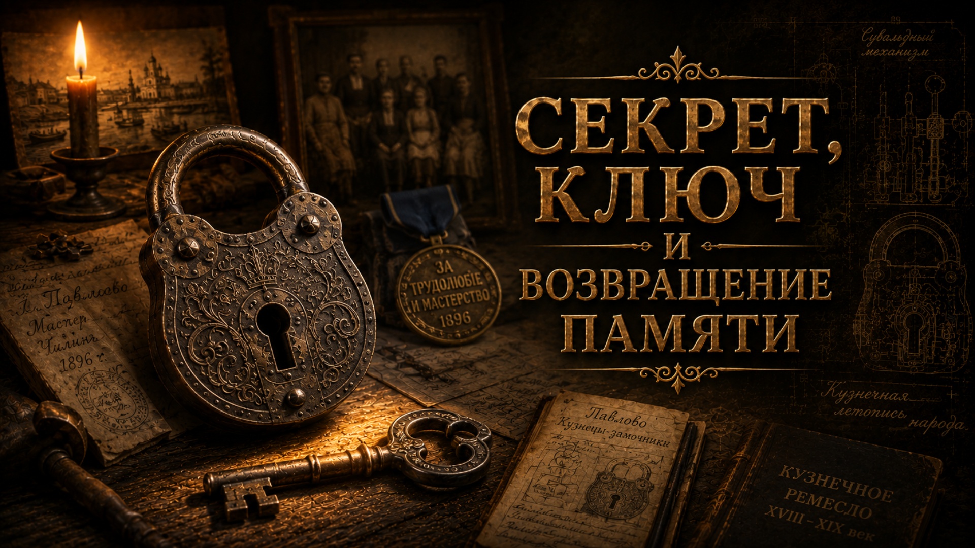 Epic cinematic documentary opening. Slow, elegant dolly-in toward the antique Russian padlock res...