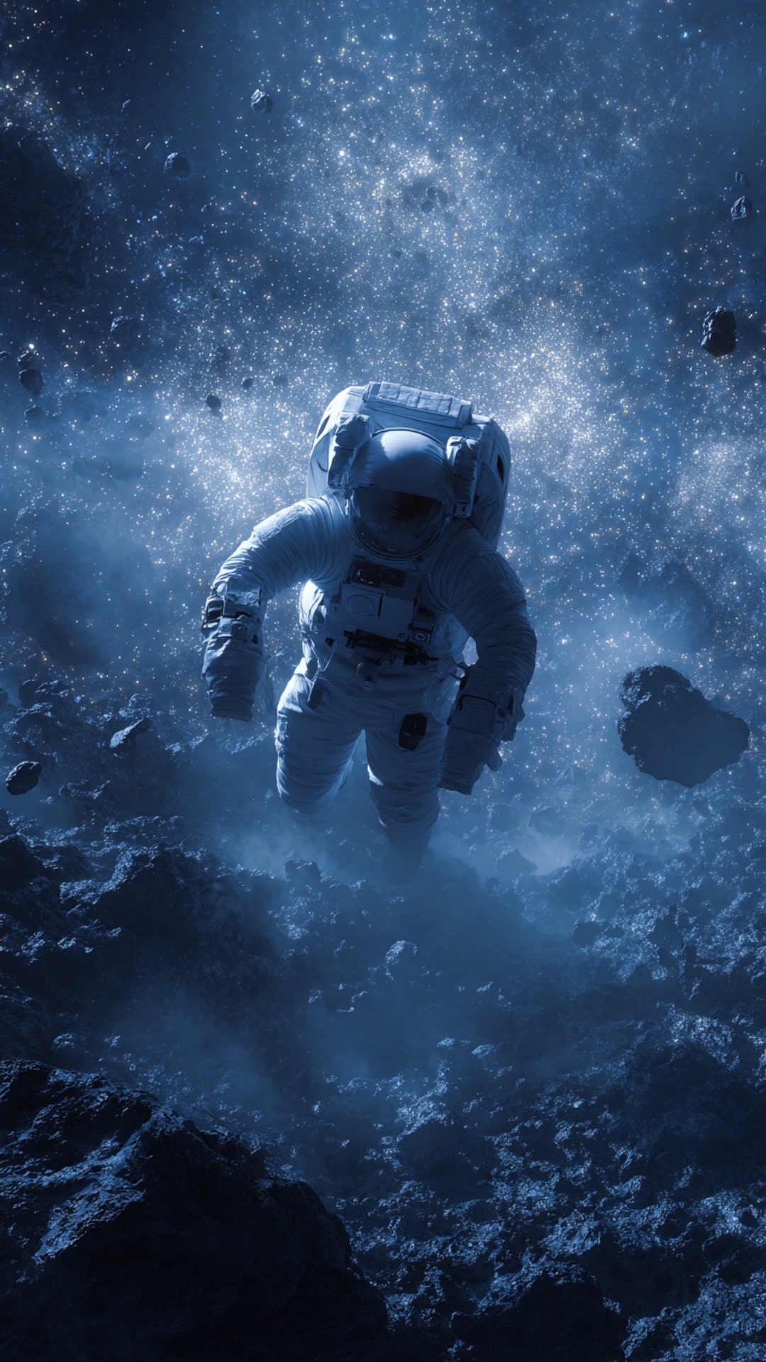 A lone astronaut drifts through open space… surrounded by shattered asteroids and glowing cosmic ...