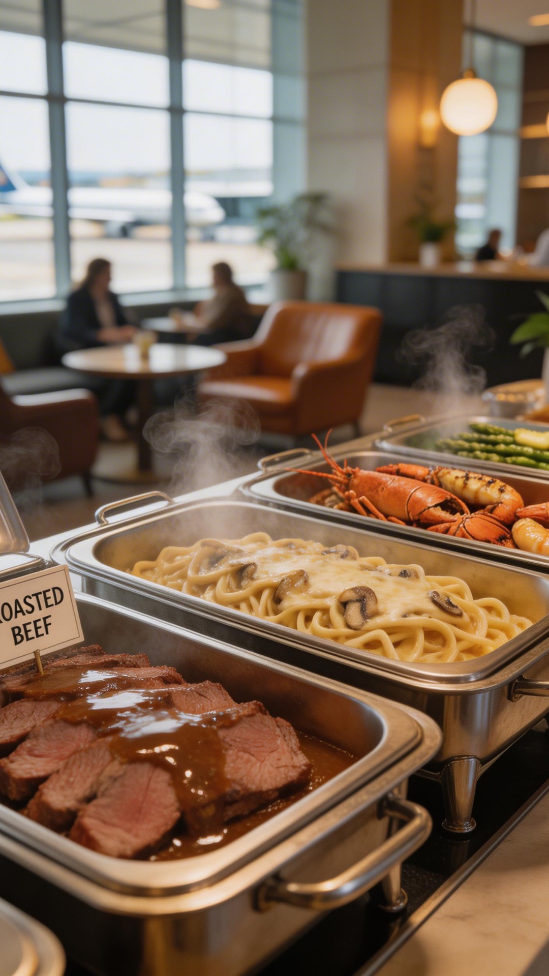 airport lounge buffet food close-up,
premium dishes, slight steam rising from hot meals,
soft war...