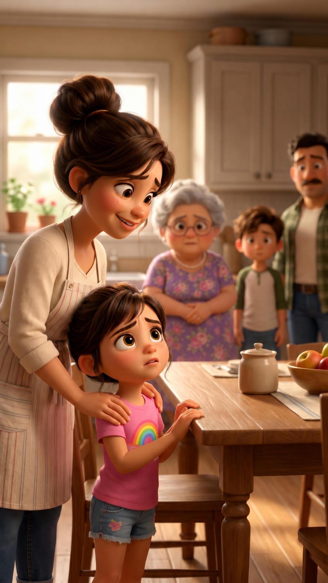 Mother gently places her hands on her daughter's shoulders. Both nervously watch the guests. Gran...