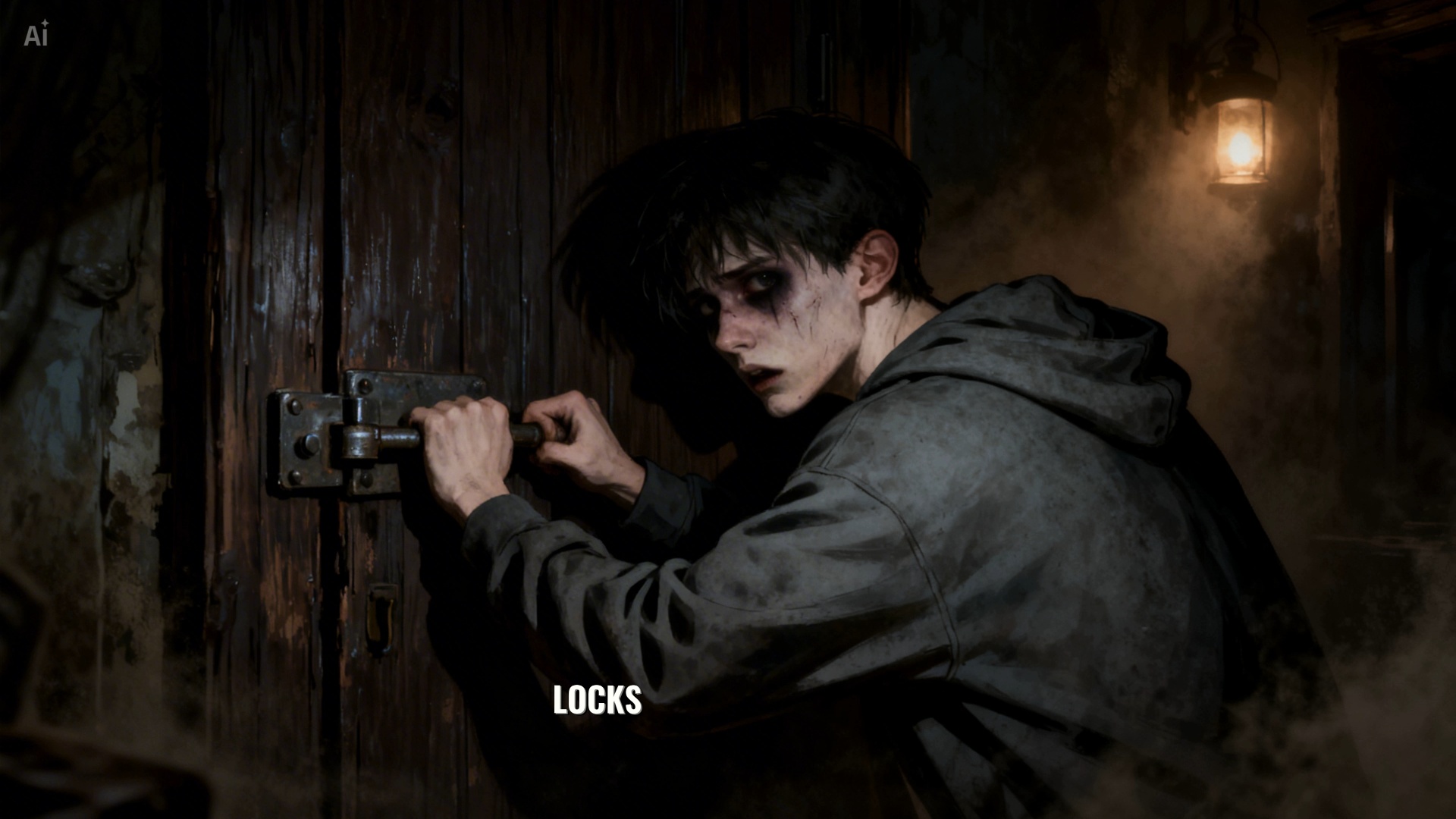 Cinematic intense horror shot. SET MOTION SCORE TO 3: The terrified boy desperately jerks the hea...