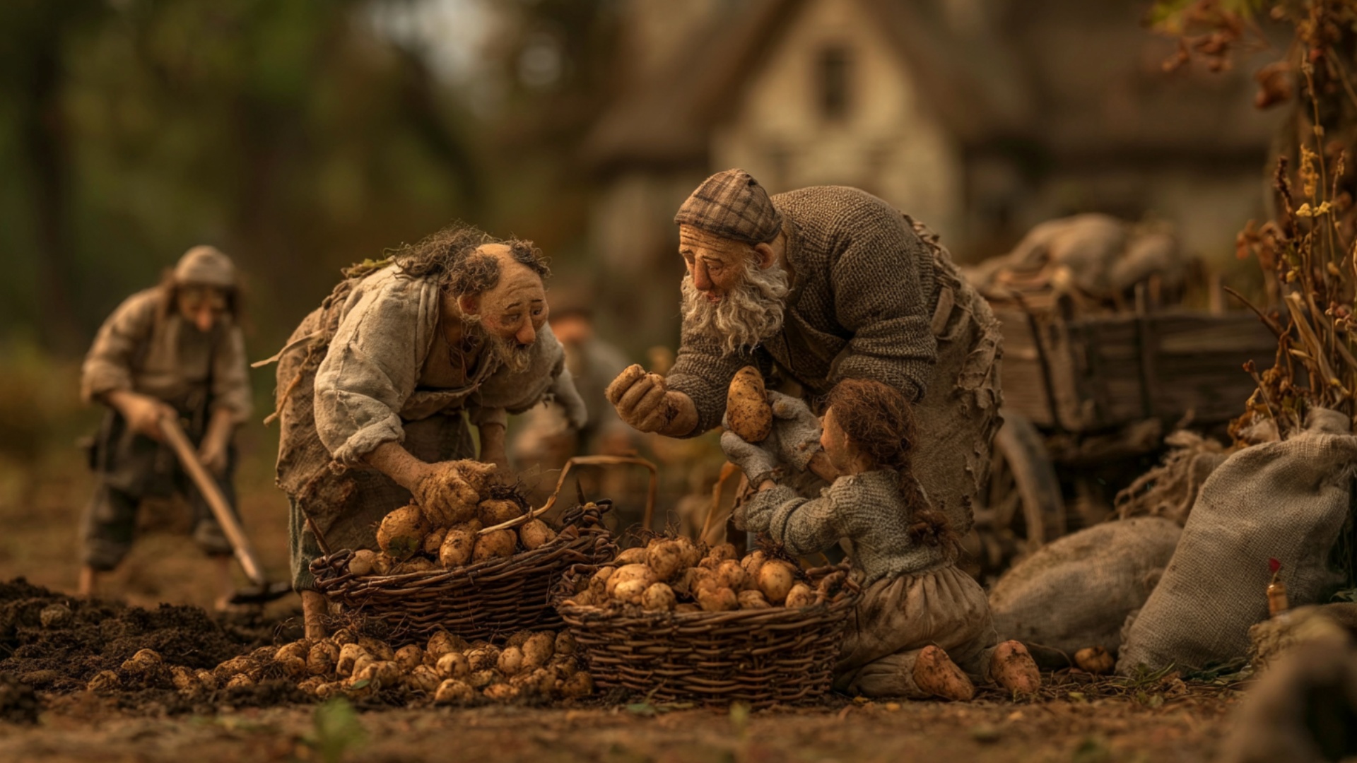 The elderly man holding the large potato lowers it toward the child and clearly places it into th...