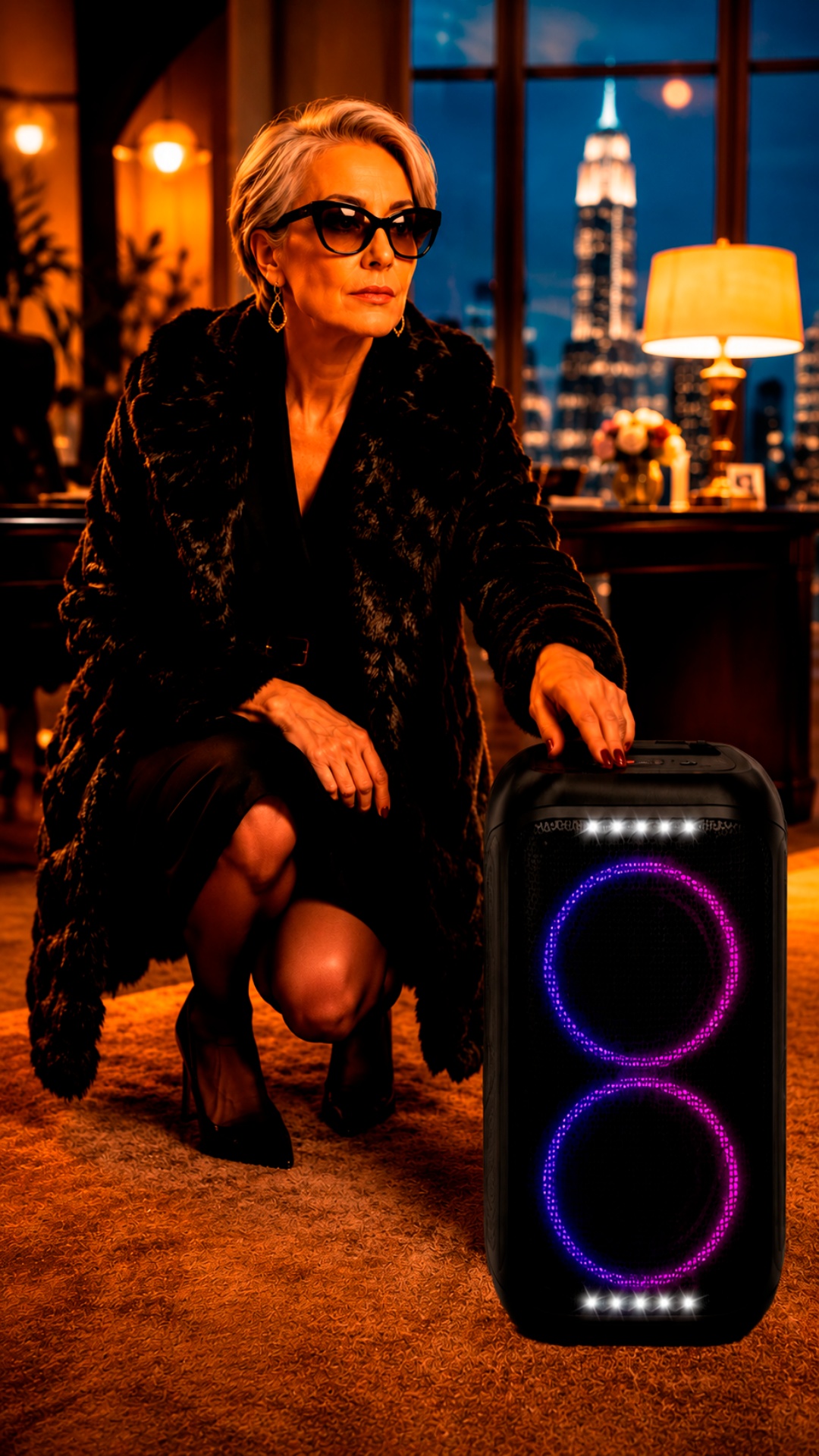Strict older fashion boss woman kneels beside small portable Eltronic speaker in luxury office. S...