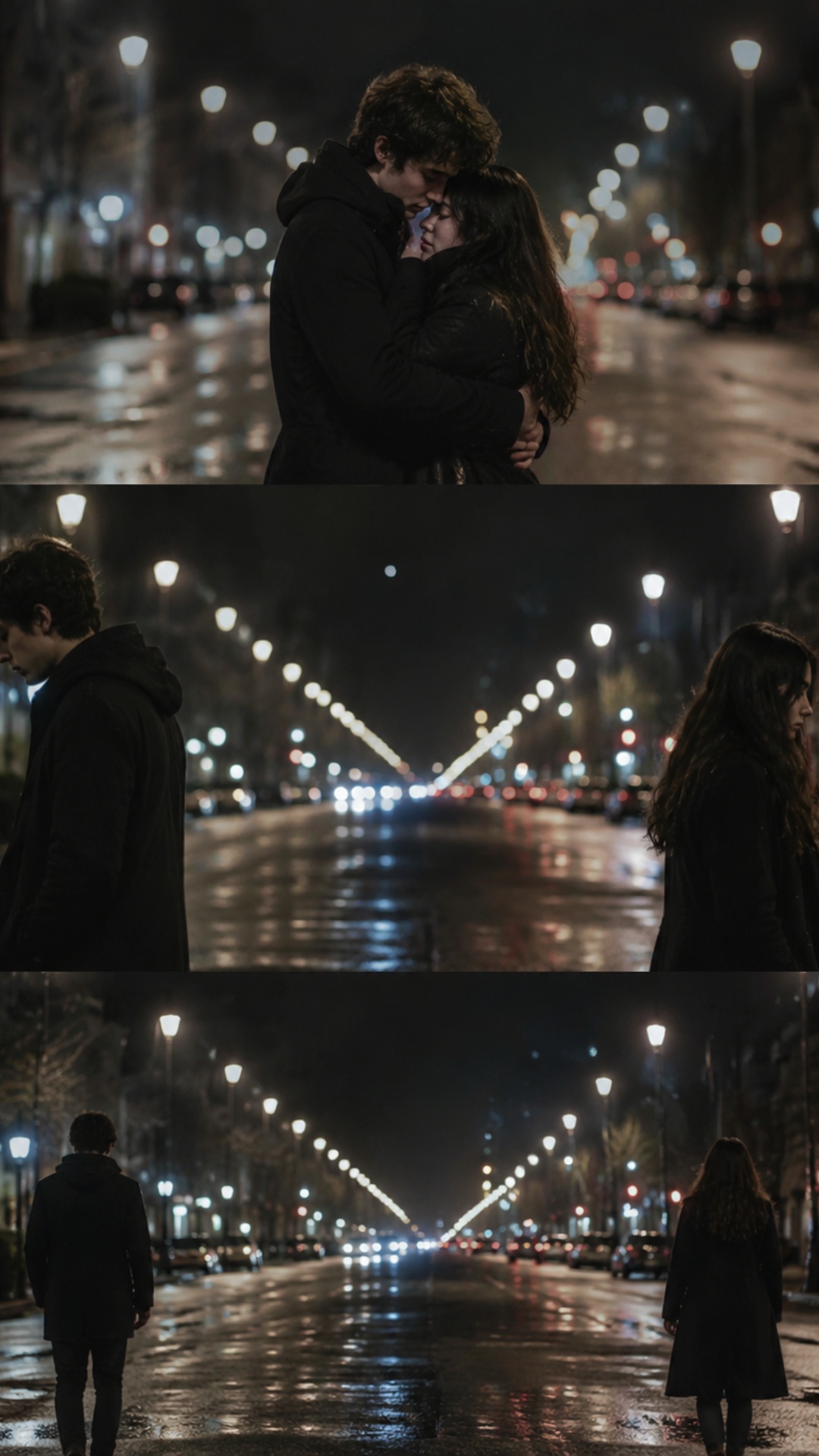 urban rainy street night, wet asphalt reflections, mist, young couple 20s dark coats sad longing,...