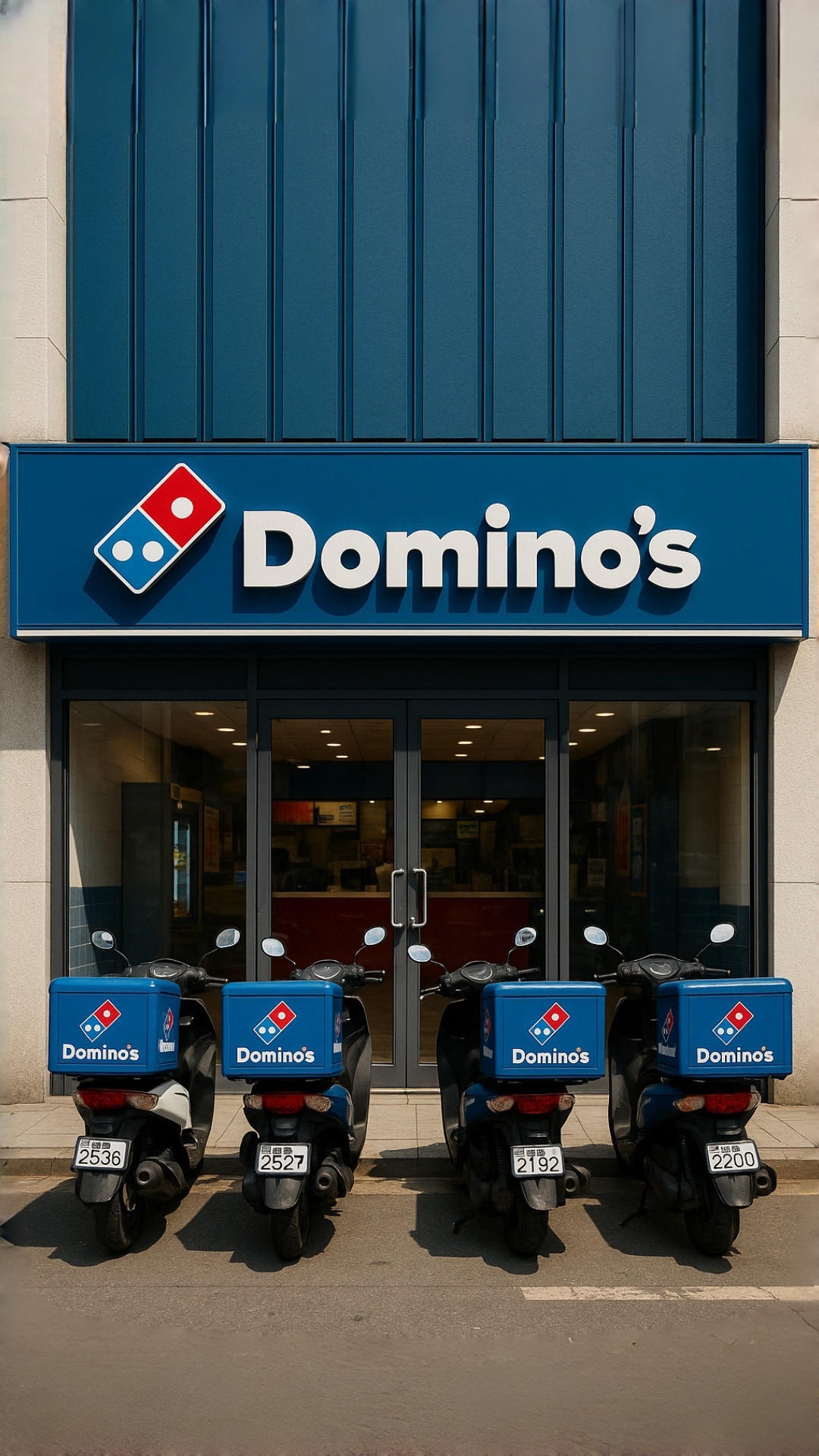 A Korean female delivery worker wearing a Domino’s cap and uniform walks out of the Domino’s Pizz...