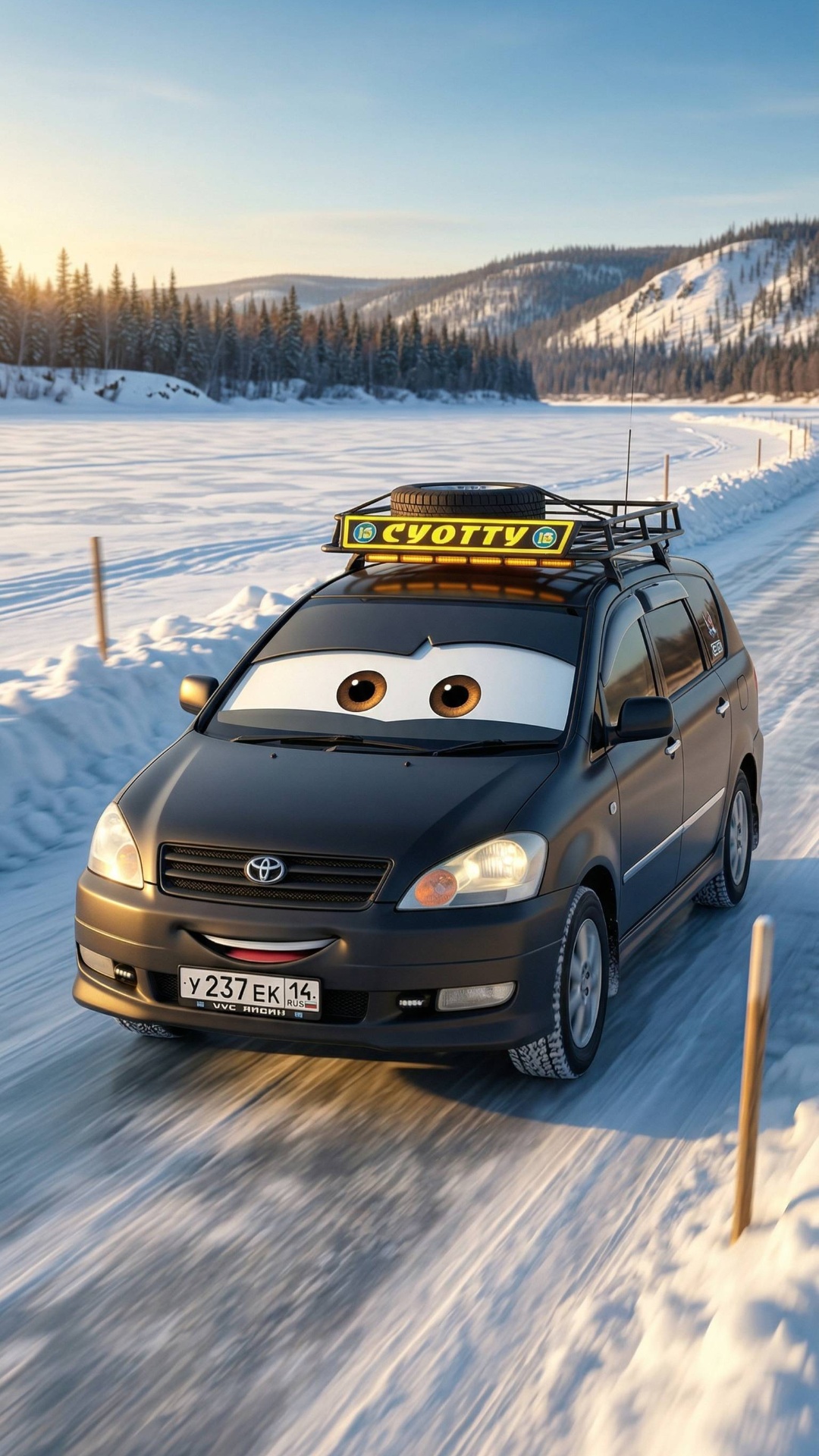 A car, strictly matching the reference image, drives forward on the same road and in the same env...