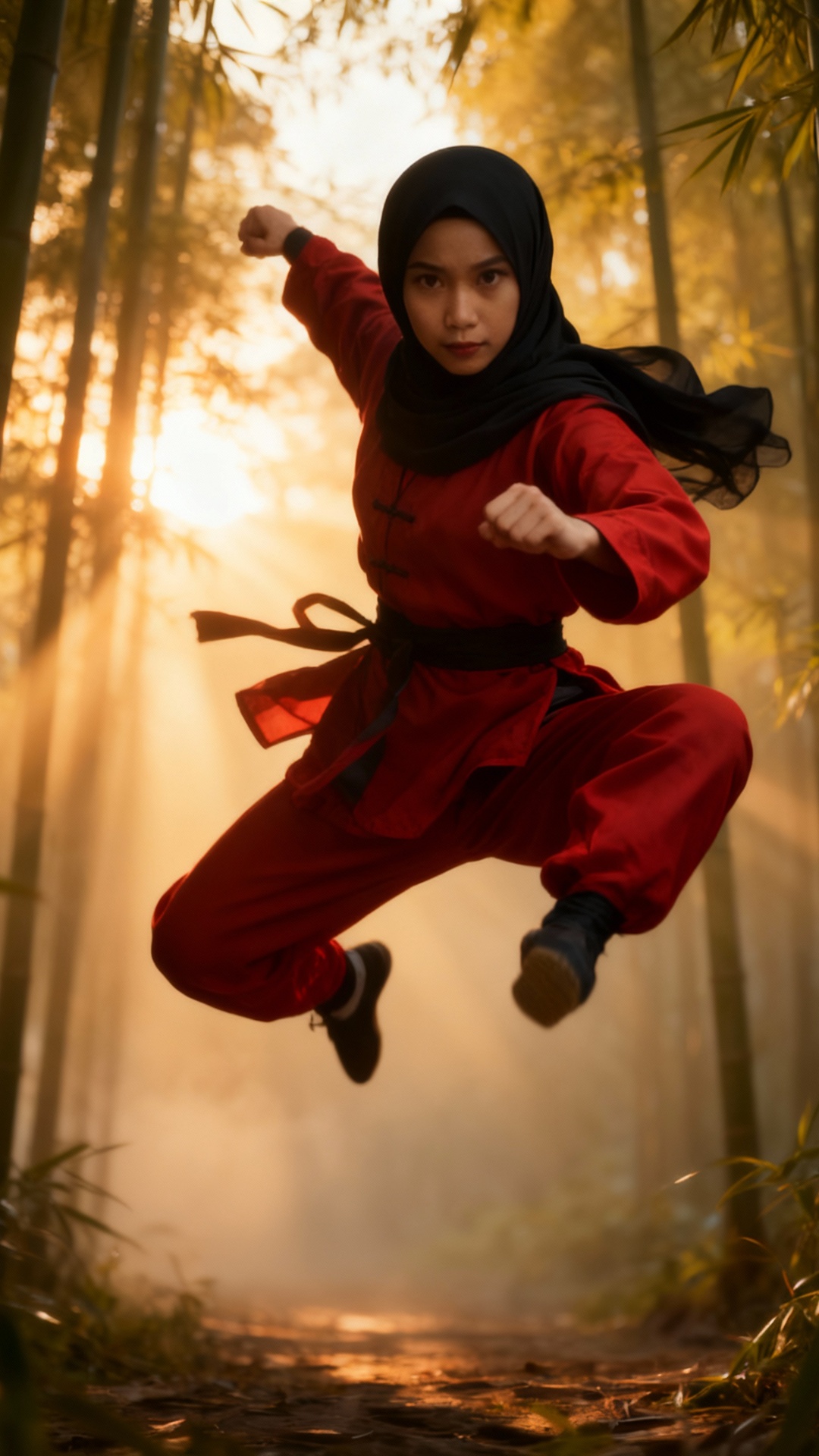 {
  "prompt": "A cinematic martial arts sequence of a young hijabi woman in a red kungfu uniform ...