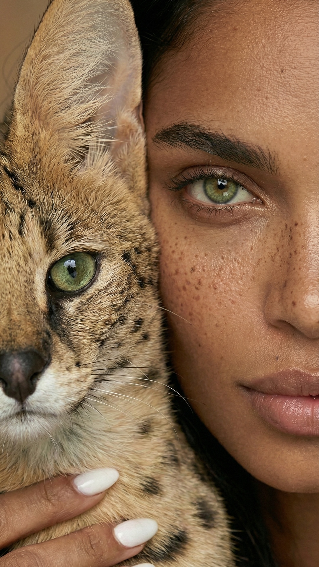 Animate the photo: the human blinks, then the cat blinks. Subtle breathing. After 3 seconds, the ...
