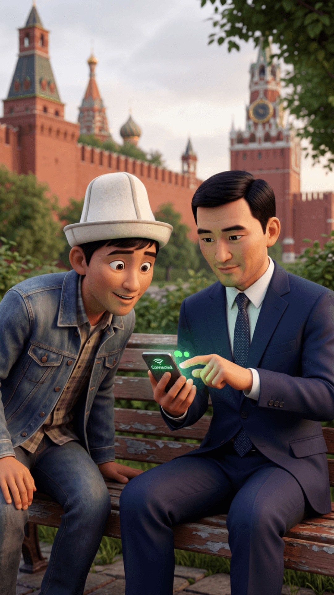 70% Pixar 3D animation 30% cinematic 4K, 9:16,
same bench near Kremlin, same two characters.
US...