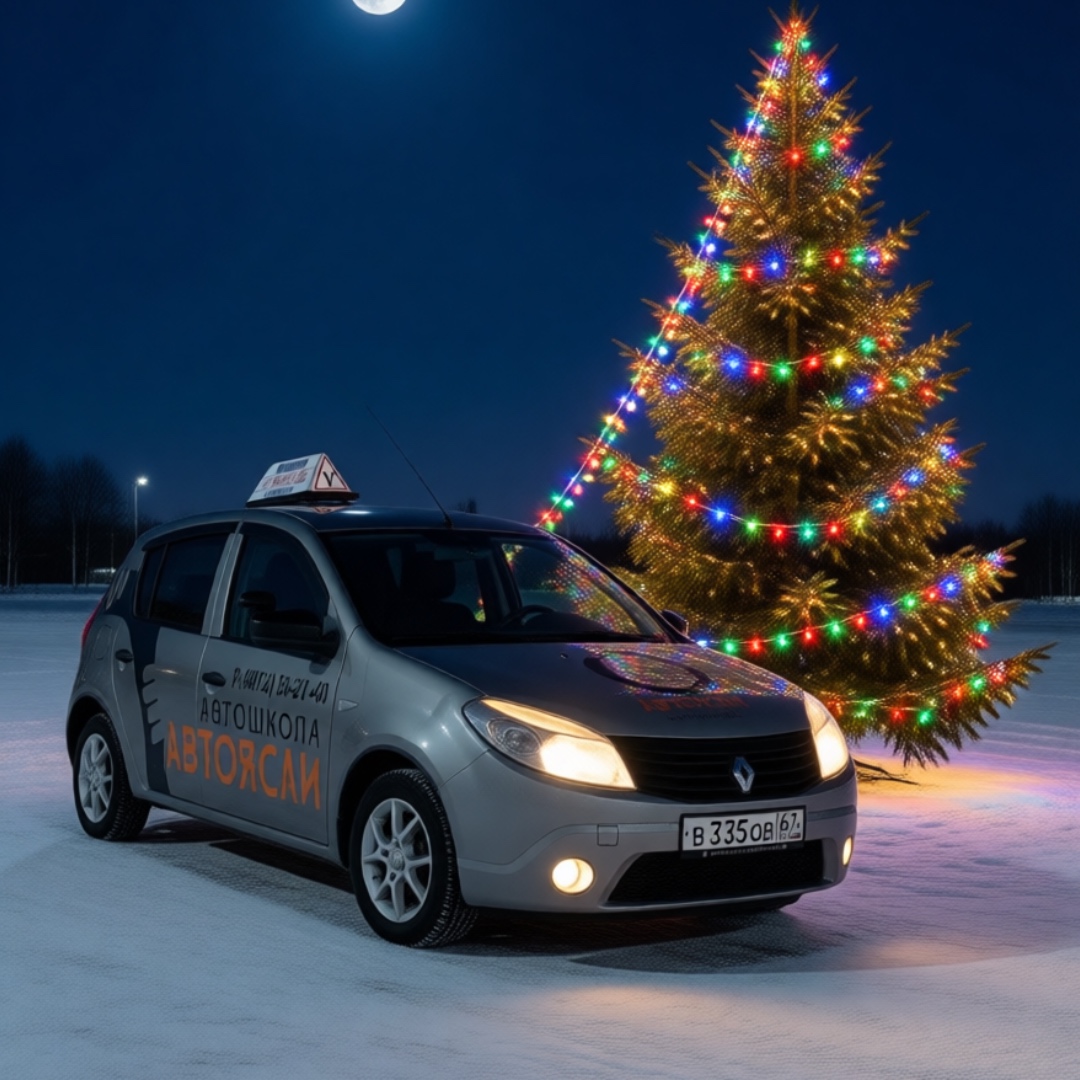 Nighttime in a snowy field. A large Christmas tree with glowing lights stands in the center. A si...