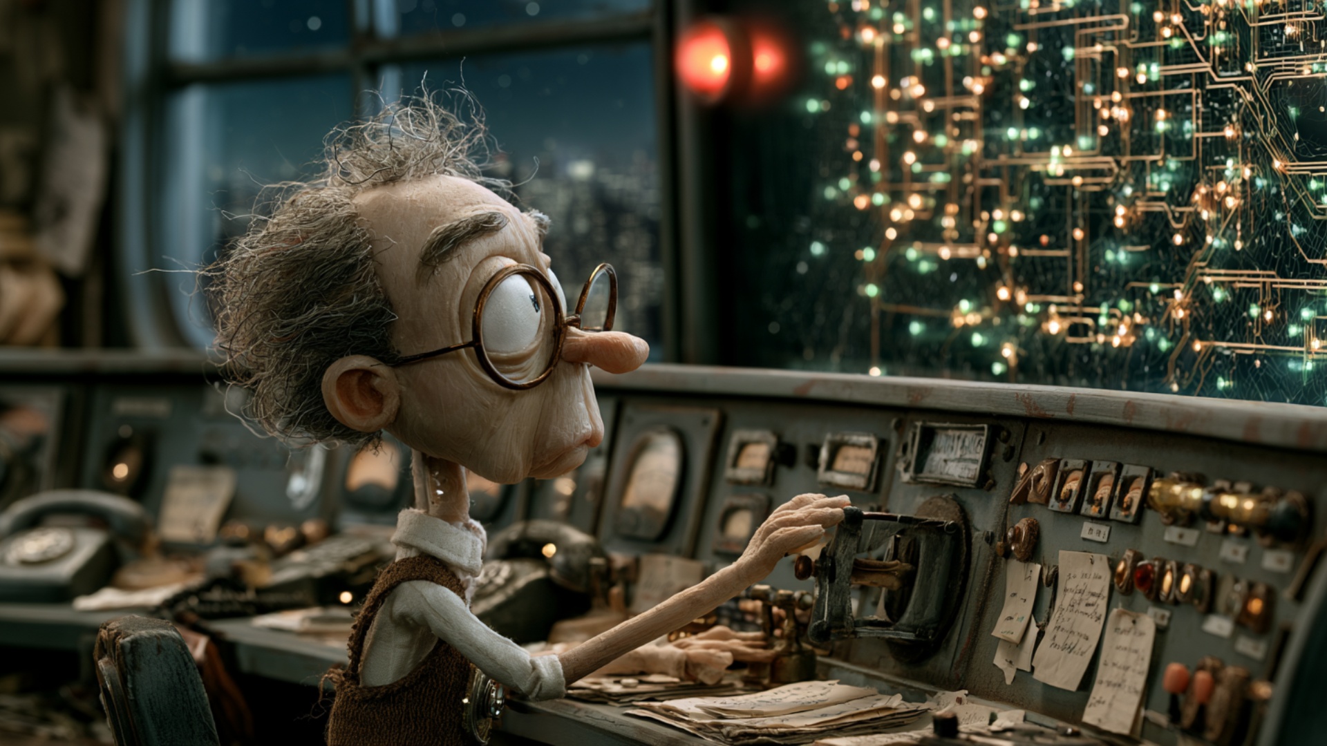 The elderly electrical-grid controller slowly pushes the large mechanical lever forward with his ...