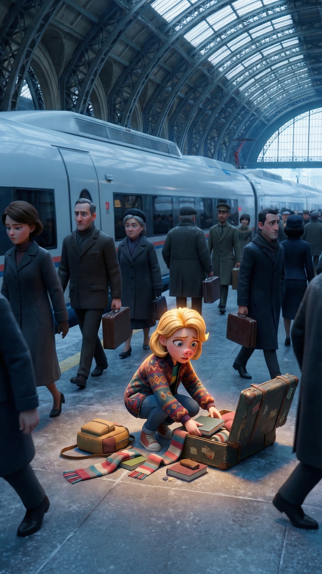 3D animated cinematic shot, Disney-style, medium shot, Penka crouched on the ground picking up he...