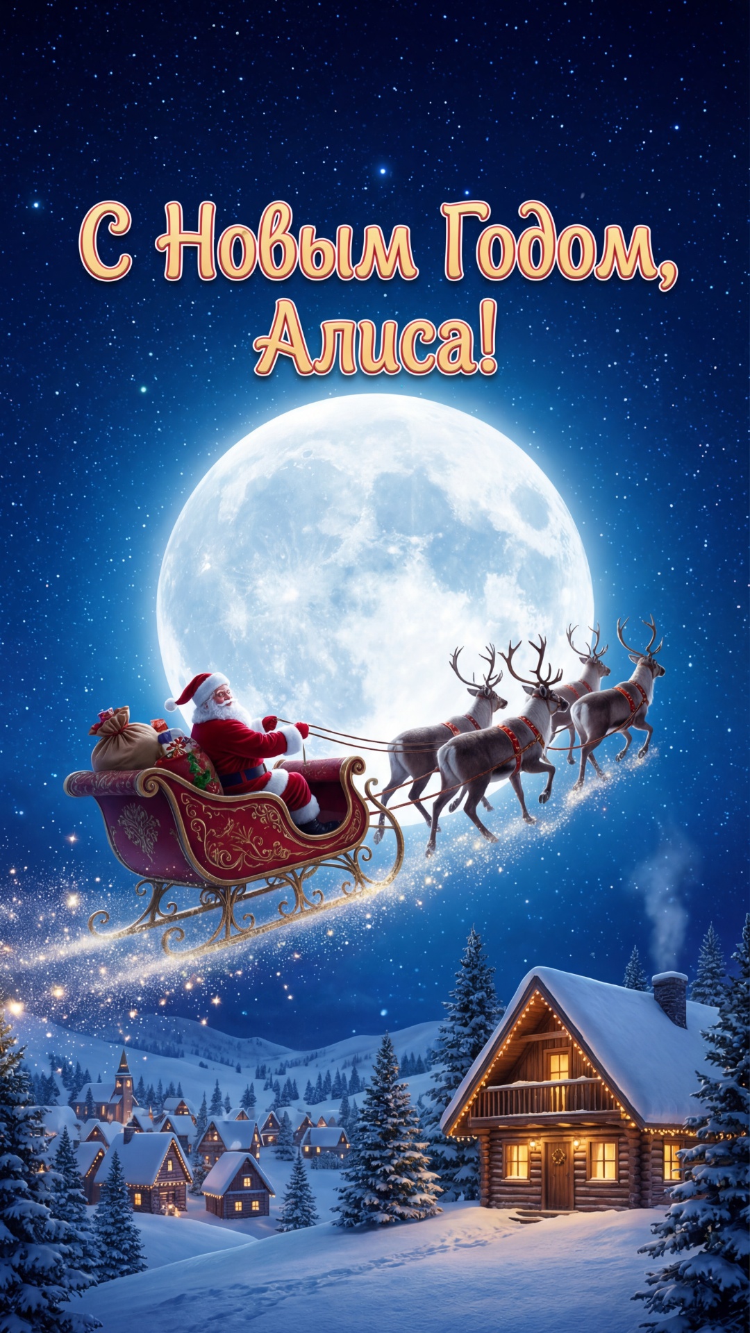 Wide cinematic shot. Santa's sleigh with reindeer takes off into the dark starry night sky, passi...