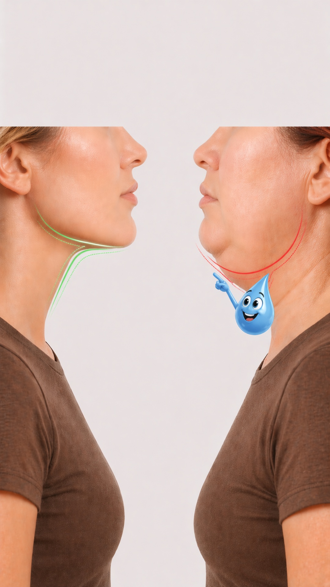 Both women are completely still (no movement).

A small cute water droplet character (Pixar-style...