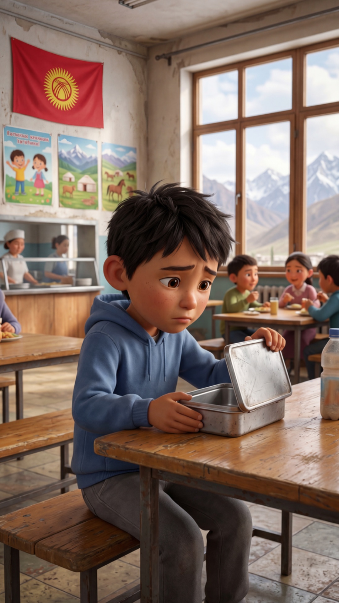 cinematic animated scene, 70% Pixar style, 30% realism, Kyrgyz school cafeteria, slightly worn in...