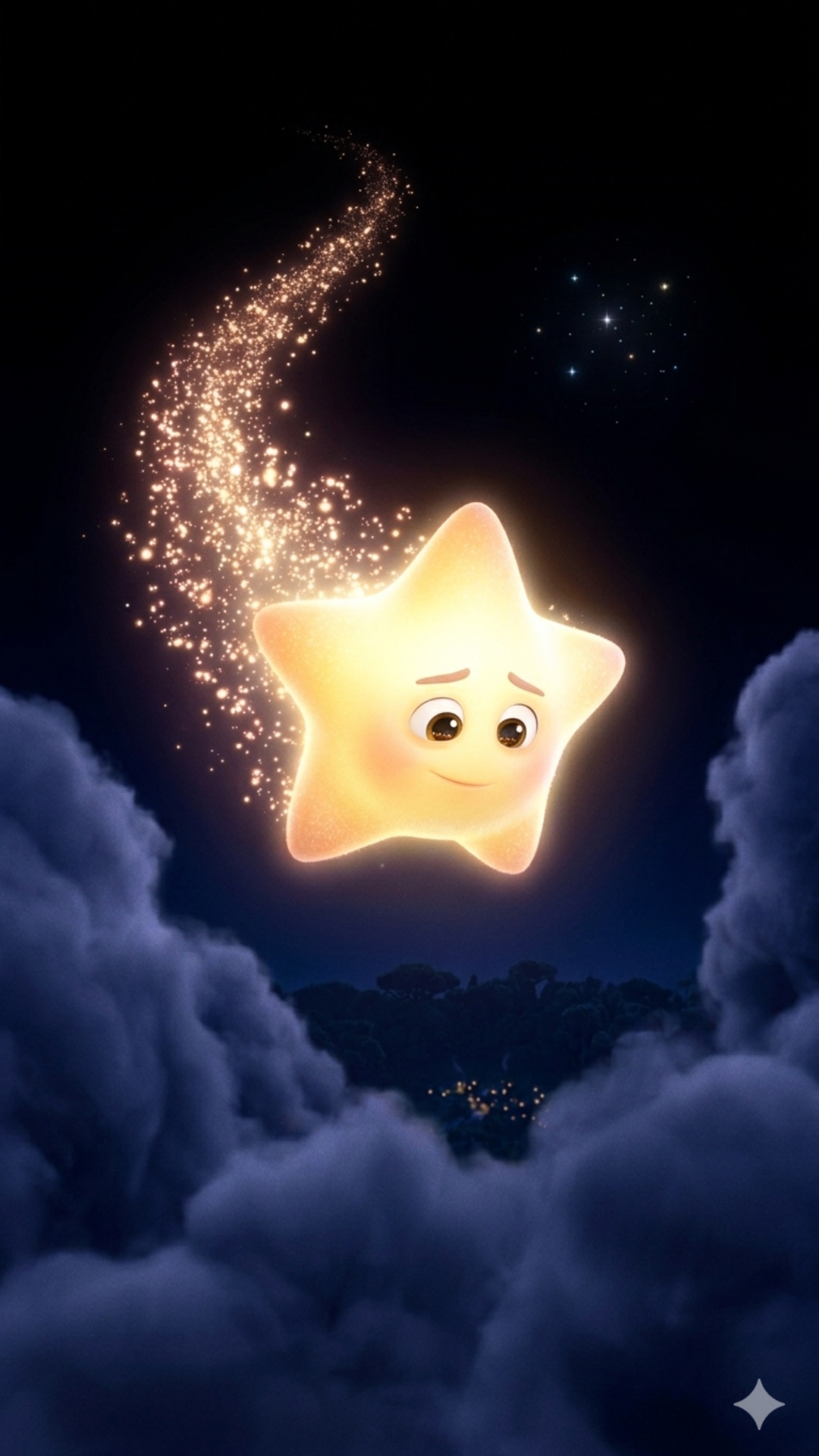 Cinematic, smooth tracking shot upwards. The central animated star character from image_13.png as...