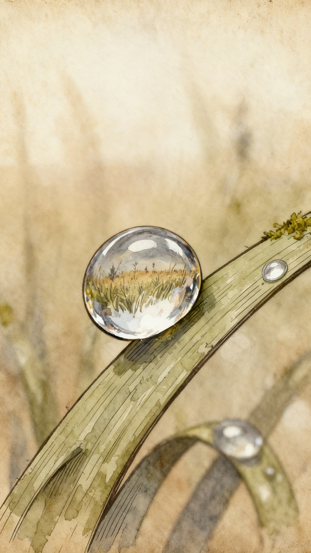 The dewdrop on the grass blade begins to tremble violently. The reflection inside the drop shifts...