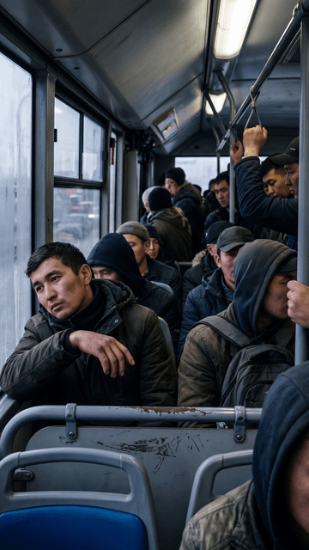 Realistic crowded public bus going to Sakharovo migration center near Moscow. Many Central Asian ...