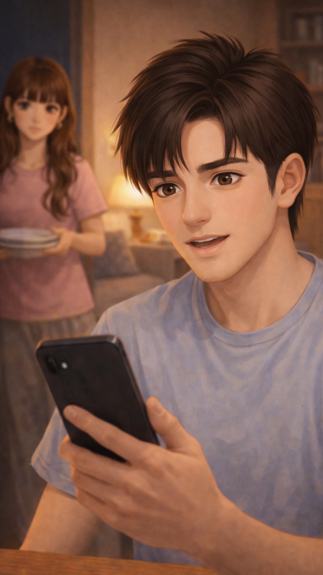 Young man standing in a cozy apartment, holding a phone in his hand and looking at the screen.
He...
