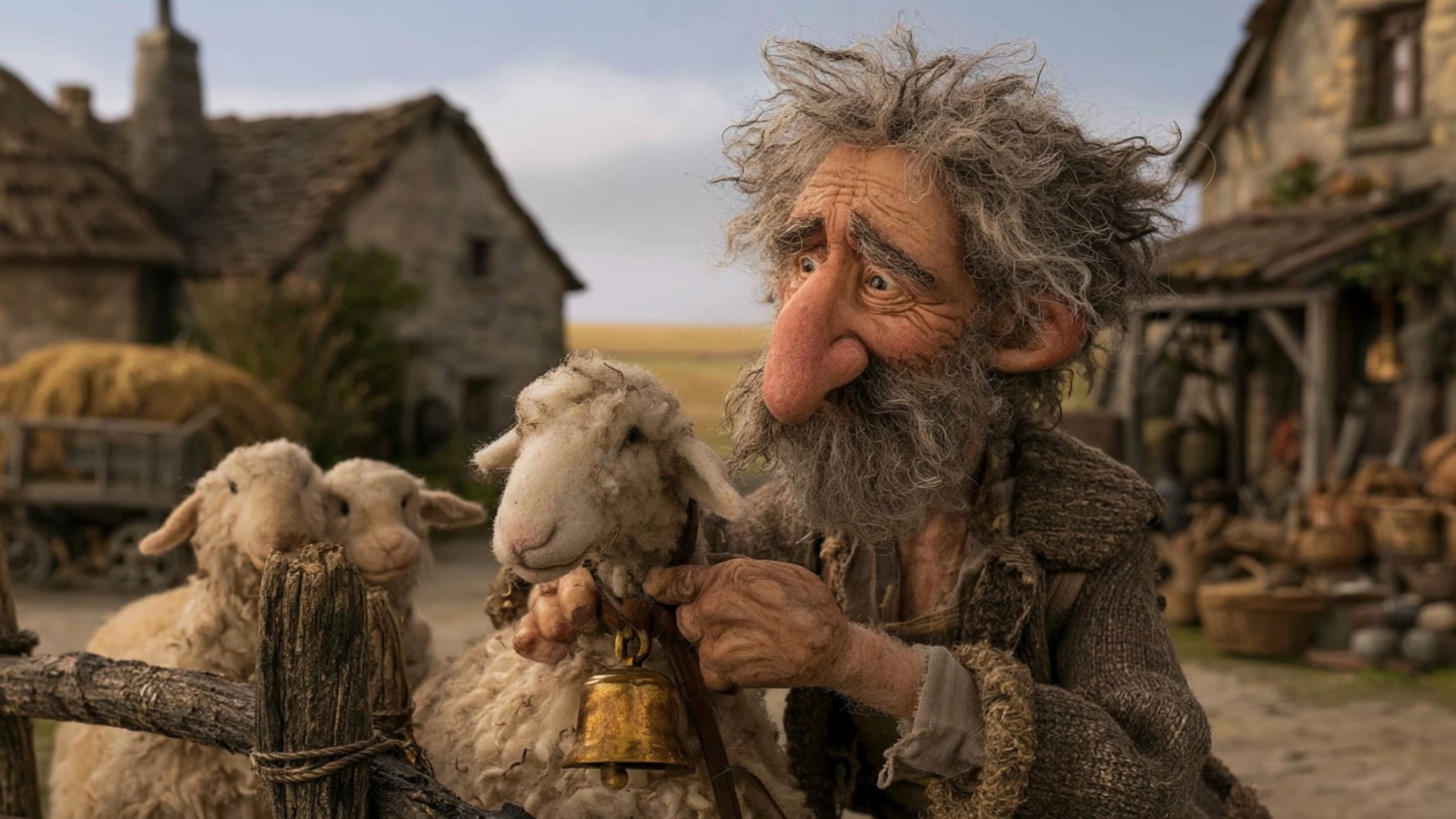 The shepherd threads the leather strap through the buckle beneath the sheep’s neck, pulls it snug...