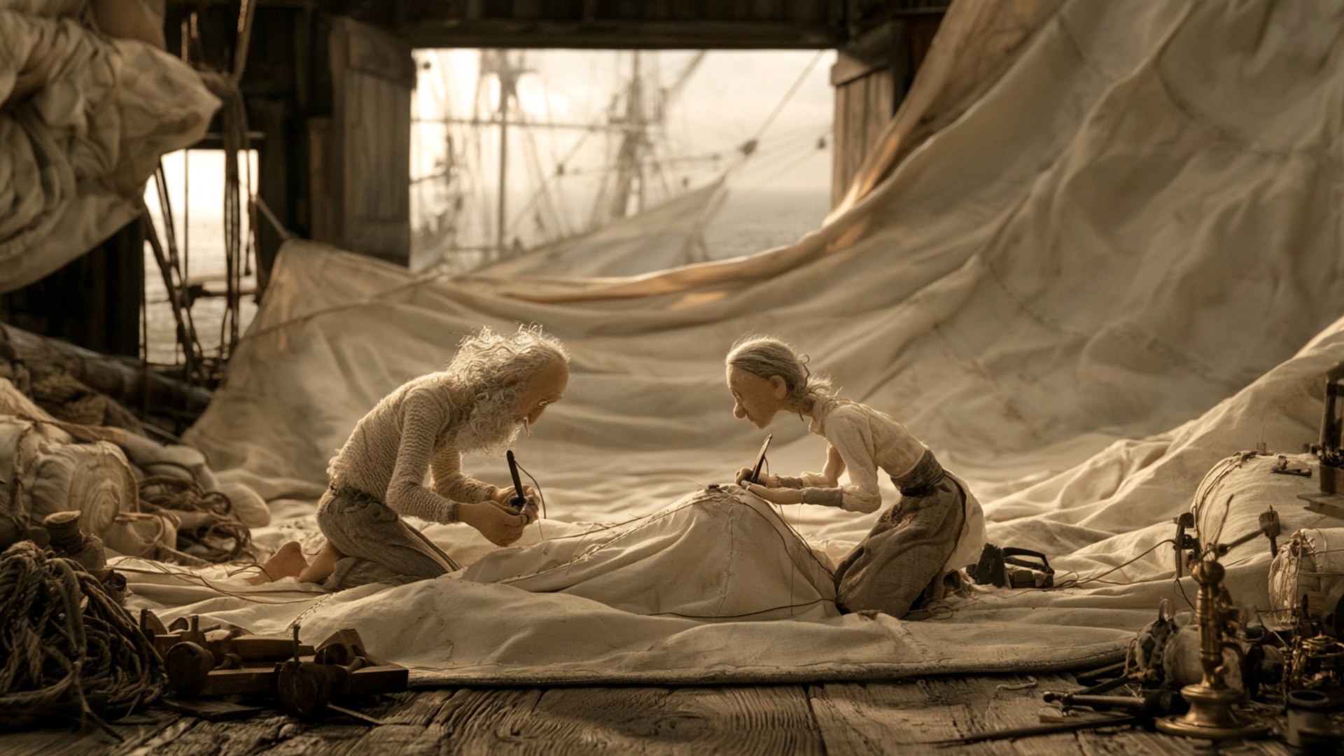 Both sailmakers continue working on the exact existing seam. The older worker slowly pulls the he...