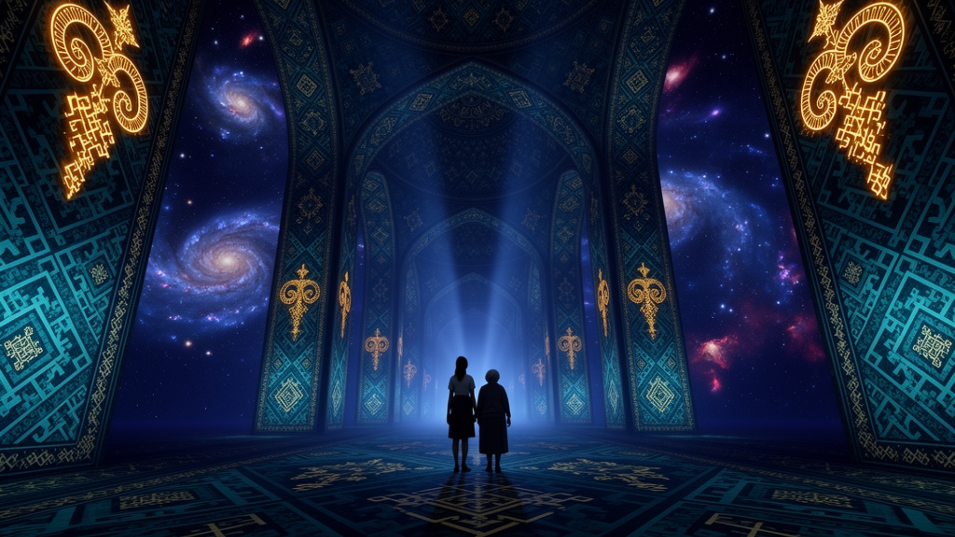 very slow crane upward revealing infinite cosmic cathedral above, two figures tiny below, no came...