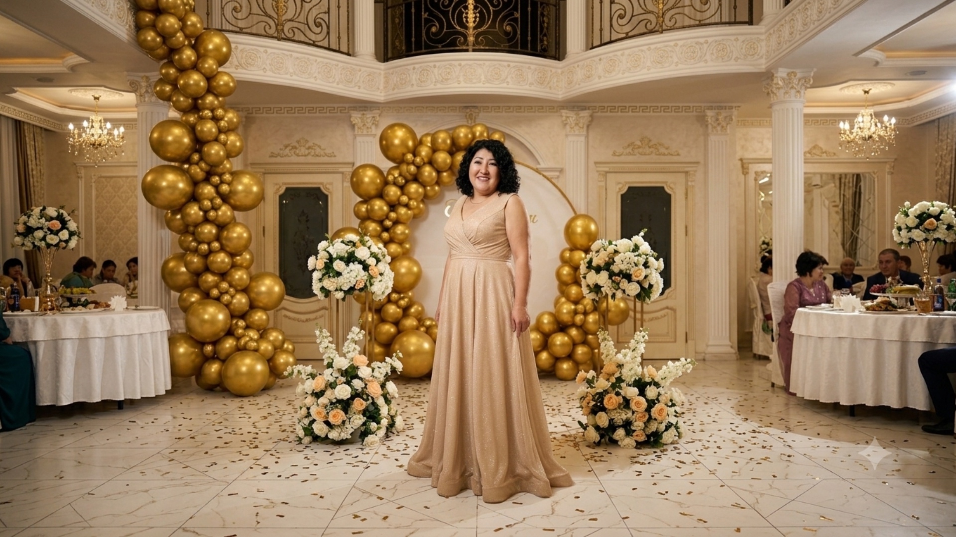 Photorealistic, 8k resolution, slow motion. The elegant woman in the golden dress gently and slow...