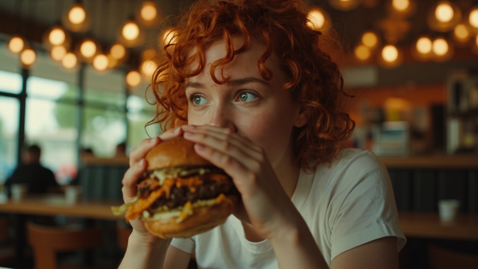 A cute young woman with curly red hair and freckles, wearing a simple white t-shirt, sitting in a...