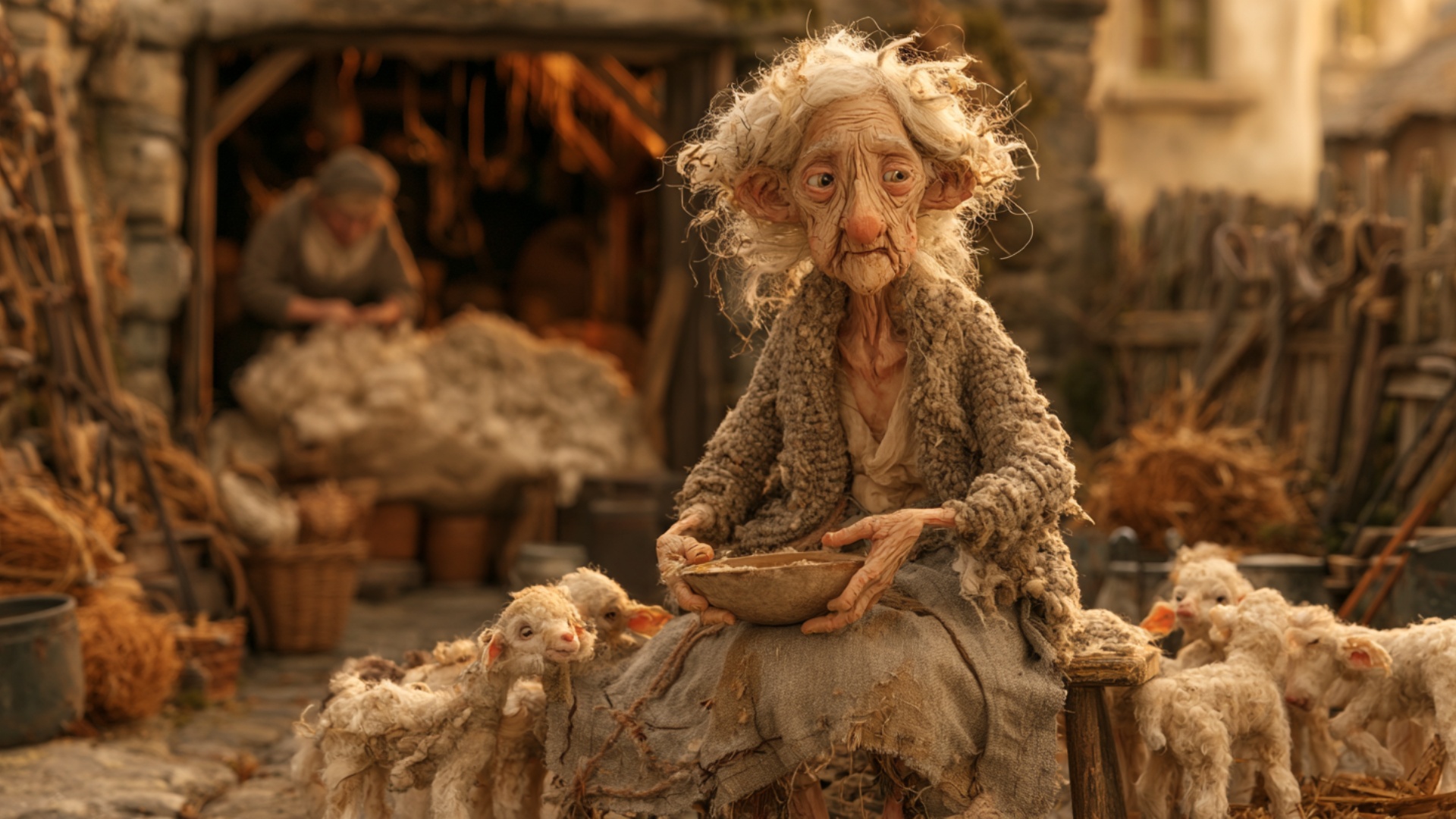The elderly woman tilts the wooden bowl toward the lambs and scatters a small amount of feed in f...