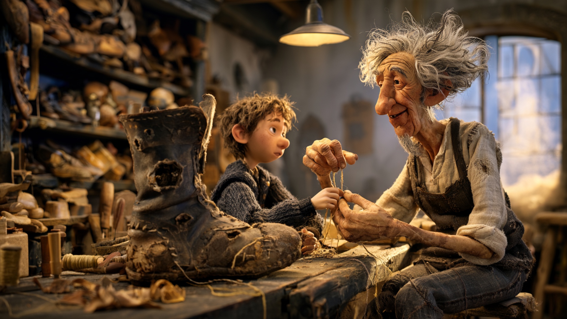 Cinematic push toward the boot and hands. The elderly cobbler pushes the existing needle through ...