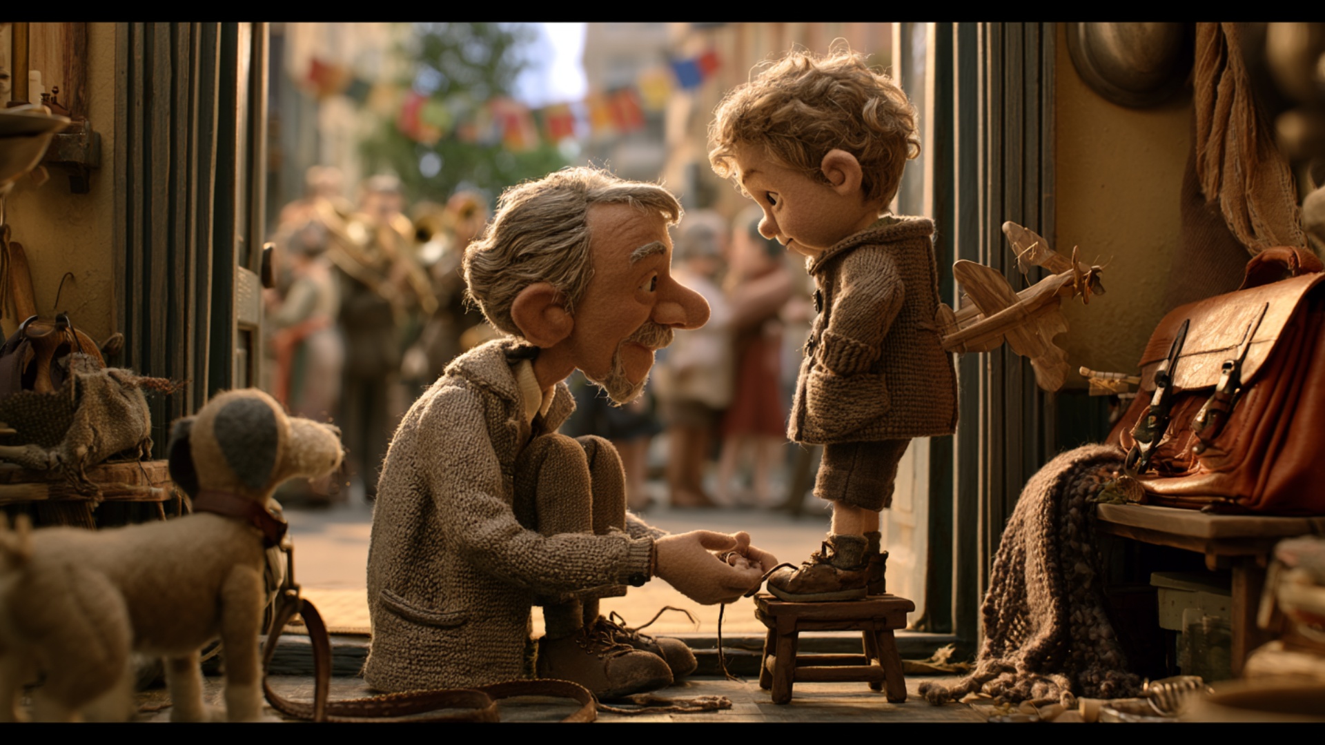Keep the grandfather kneeling and the boy standing exactly as shown. The grandfather makes one sm...