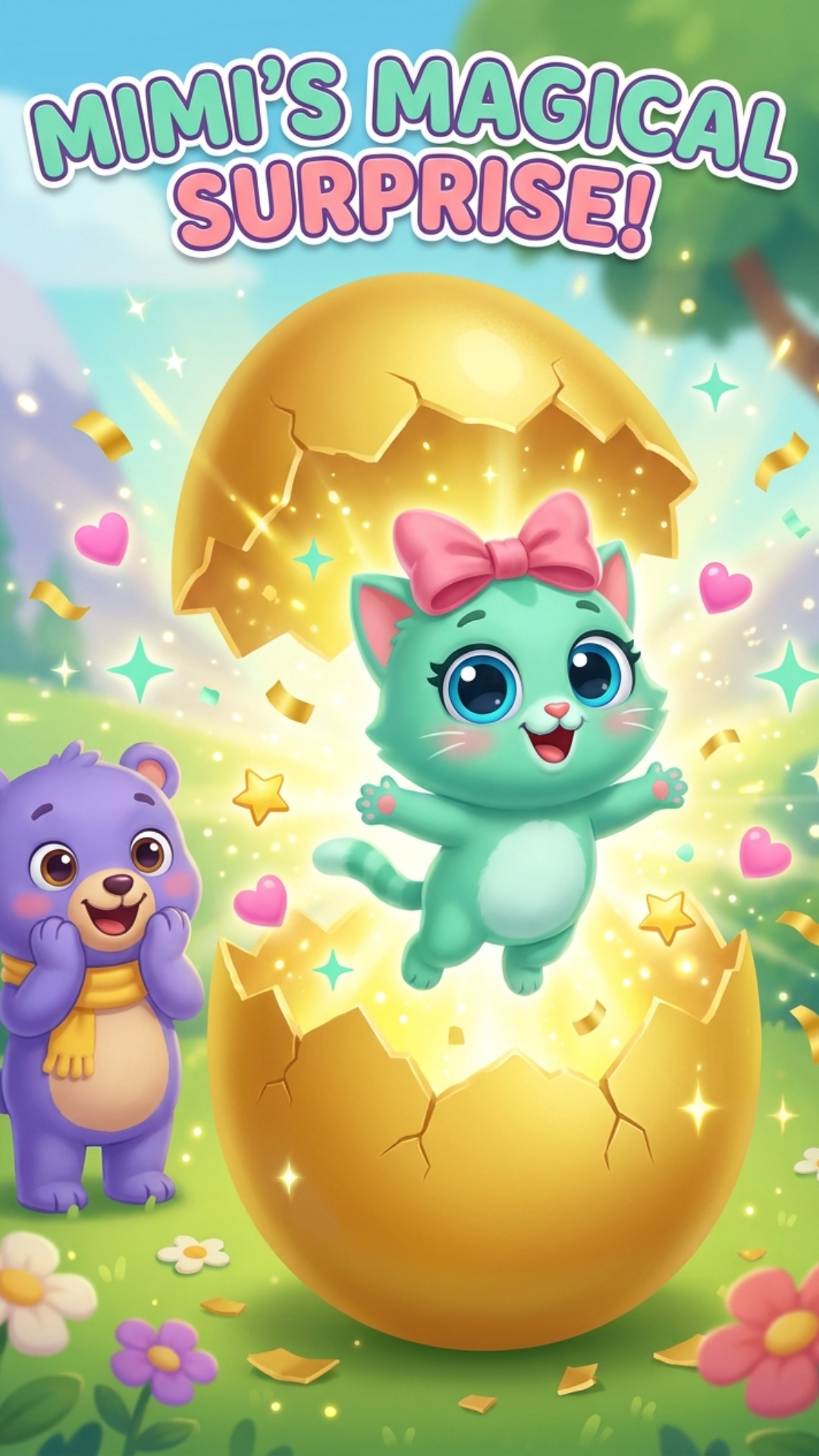 Magical burst of golden confetti, sparkles, pink hearts and yellow stars flying outward from the ...