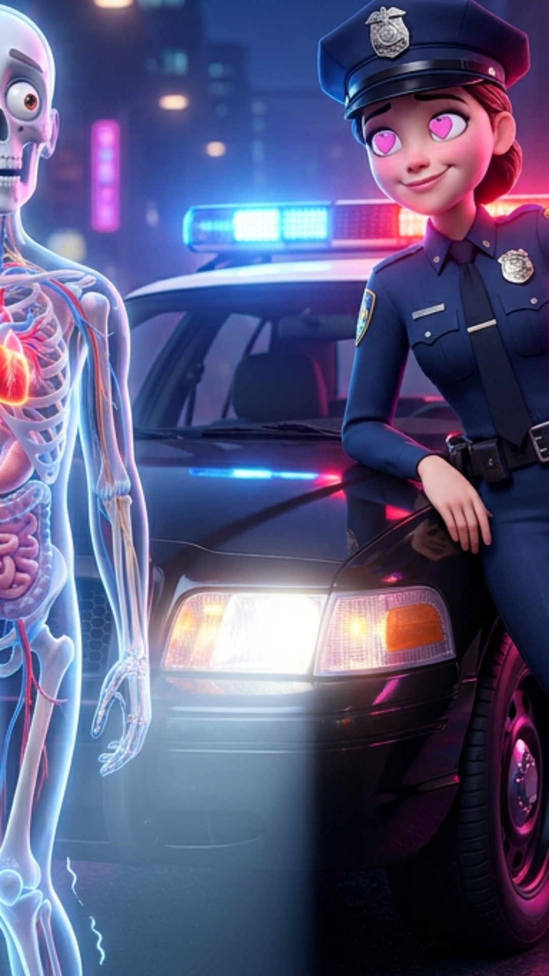 Wide establishing shot: the patrol car's red and blue lights strobe rhythmically, painting the we...