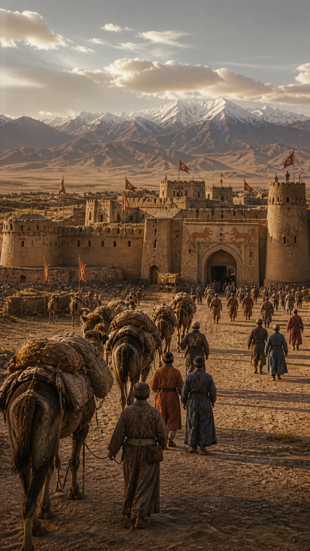 Camera slowly rises from ground level up the clay 
fortress walls revealing the full scale of the...