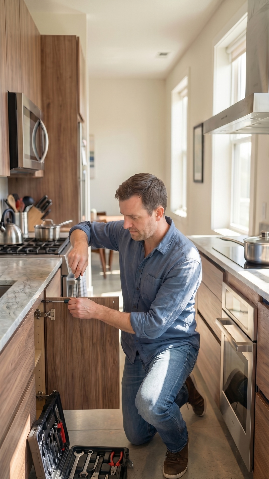 technician repairing same kitchen, adjusting cabinet hinges with tools, small movements, door sli...