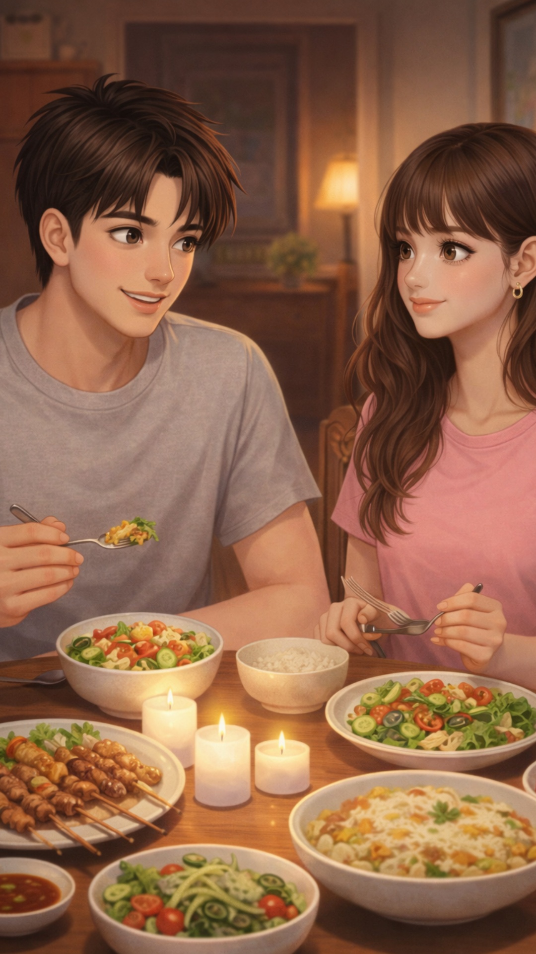 Couple having dinner at home, talking, smiling, eating food, warm cozy light, romantic mood, cine...