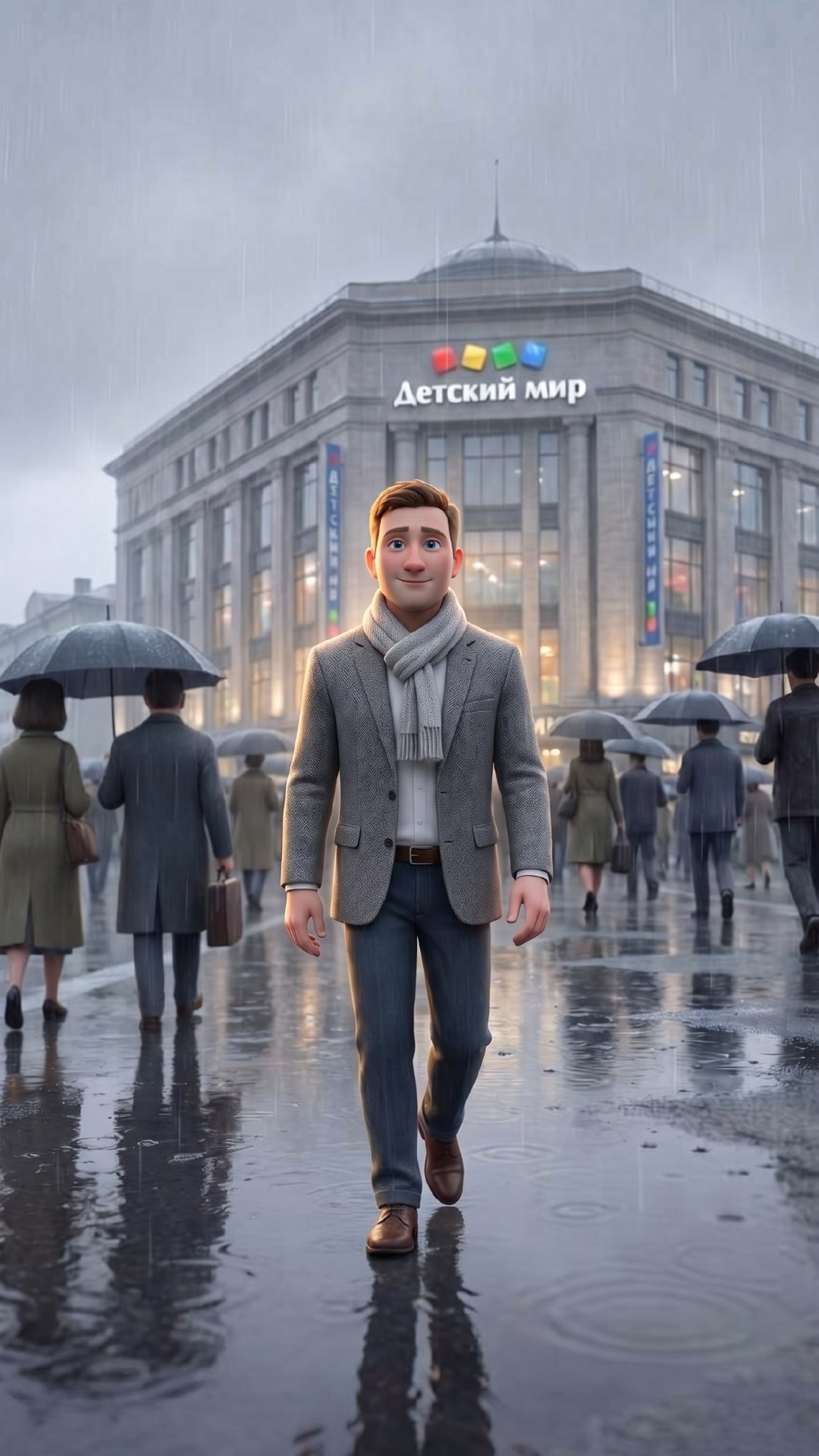 cinematic tracking shot of a confident young man walking forward through a rainy Moscow crowd nea...